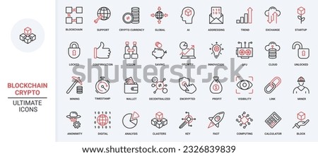 Red black thin line icons set for blockchain, bitcoin, crypto money in digital wallet, data mining in network, cryptocurrency exchange, transaction payment pictogram cryptography vector illustration