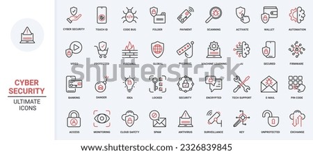 Secure information trendy red black thin line icons set vector illustration. Internet technology, protection from virus attack, malware, and access in network.