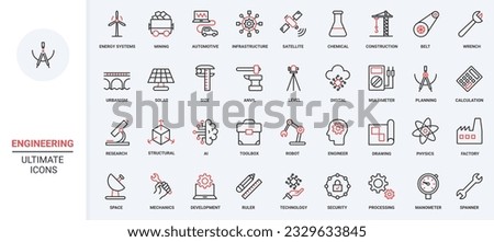 Engineering, industry and energy production trendy red black thin line icons set vector illustration. Engineers work, digital infrastructure and construction equipment, solar panel and turbine.