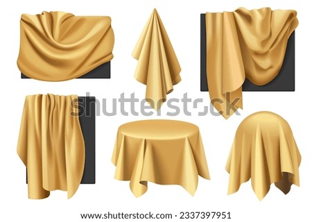 Gold covers of objects with drapery set vector illustration. 3D realistic isolated hidden presentation with golden silk or satin cloth on black sheet of rectangular, square, sphere and round table