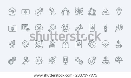 Gears, operations of repair and maintenance system line icons set vector illustration. Outline cogwheels of mechanism and wrench, pictograms of control and update data, technical modification