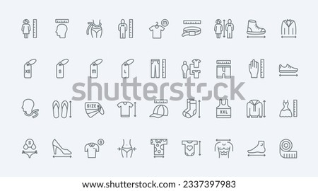 Apparel and shoe size thin black line icons set vector illustration. Tailors guide charts, human body parts and head to measure size of dress and shirt, chest and neck, waist and hip circumference