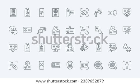 ID cards thin line icons set vector illustration. Outline badge with name, photo and information for identification of person, plastic document for user identity and verification, camera scan