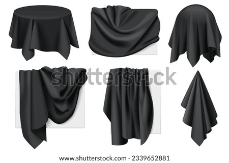 Black covers of objects with drapery set vector illustration. 3D realistic isolated hidden presentation with golden silk or satin cloth on black sheet of rectangular, square, sphere and round table