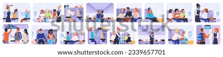 Passengers travel by plane set vector illustration. Cartoon isolated inside airplane flight scenes with people on seats in aeroplane cabin, service and airline instructions by stewardess and crew