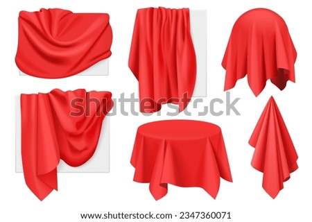 Red fabric covers on objects with drapery set vector illustration. 3D realistic isolated drape in cloth on secret sphere and round table, paintings or advertising frame hidden with satin blanket