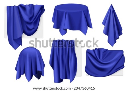 Dark blue fabric covers on objects with drapery set vector illustration. 3D realistic isolated drape in cloth on secret sphere and round table, paintings or advertising frame hidden with satin blanket