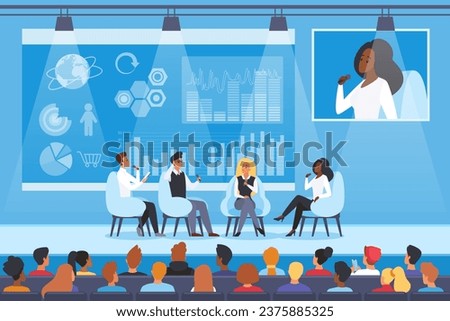Scientific seminar, lecture or conference with presentation in front of audience vector illustration. Cartoon scientists and professors sitting on chairs on stage of auditorium to speak about research
