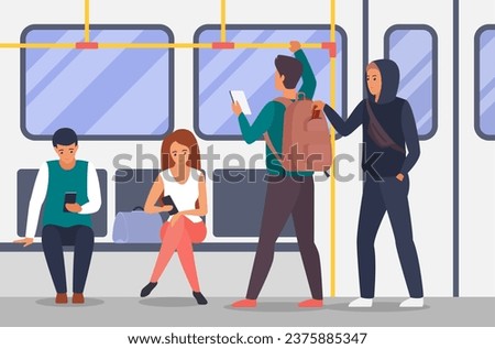Wallet theft on public transport vector illustration. Cartoon passengers travel in subway train car or bus interior, people sitting on seats or standing, guy thief taking purse out of mans backpack