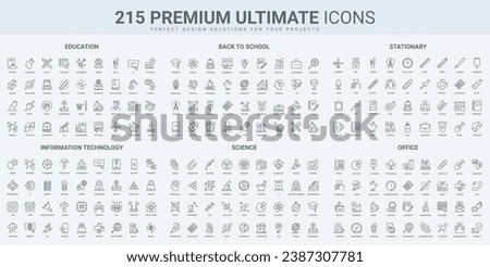 Education, school subjects and office stationery, science technology thin black line icons set vector illustration. Outline symbols of study, laboratory equipment, scientists analysis and discovery