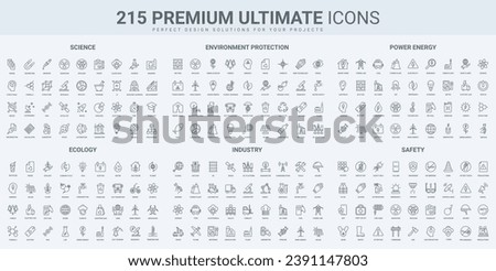 Environment protection, power industry thin black line icons set vector illustration. Outline symbols of science research in laboratory, green eco technology for ecology, renewable energy factory