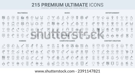 Music, entertainment events and media content creation thin black line icons set vector illustration. Outline symbols of genres and rules of online electronic games, karaoke and movie pictograms