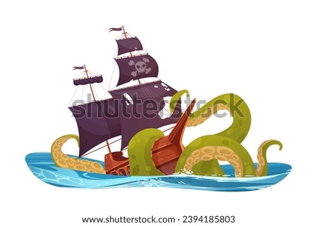 Tentacles of octopus sink pirate ship in ocean or sea waves vector illustration. Cartoon isolated fantasy shipwreck scene with kraken or perilous giant squid and corsair boat with black flag and sail