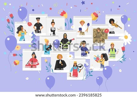 Labor day celebration banner vector illustration. Cartoon female characters of different professions celebrate inside online web browser windows among flowers, balloons and confetti, girls in uniform