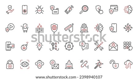 Secure information trendy red black thin line icons set vector illustration. Internet technology, protection from virus attack, malware, and access in network.