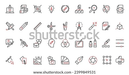 Graphic design red black thin line icons set vector illustration. Tools for creative projects of designer, software and stationery for interface panel in mobile app, pack for creators portfolio.