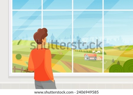 Man looking out window at summer countryside landscape and city on horizon. Young male character standing alone and thinking, boy enjoying calm and peaceful view at home cartoon vector illustration