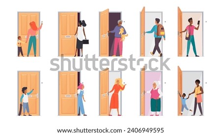 People open door set. Diverse young and old, male and female characters opening door, leaving or entering room at home or office, standing to knock or ring doorbell cartoon vector illustration