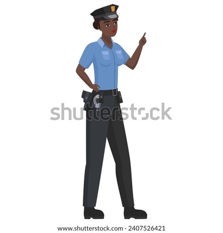 Black police woman with pointing finger. Pointing female police officer cartoon vector illustration