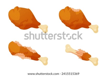 Eaten chicken leg set, sequence game animation. Animated stages of eating whole fried drumstick with crispy skin, motion steps of bitten thigh to bone with small pieces cartoon vector illustration