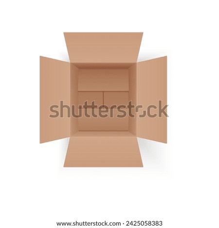 Open brown cardboard box, top view of empty square package inside vector illustration