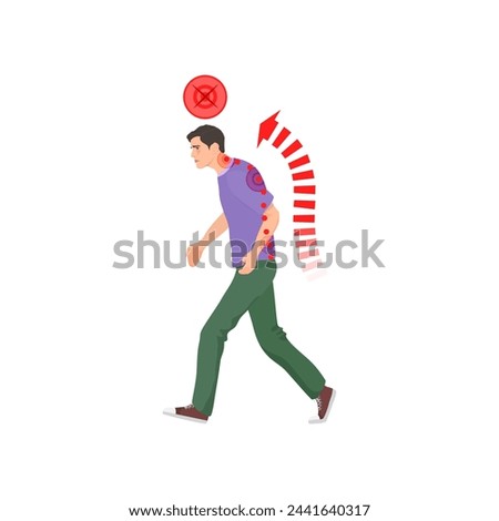 Walking man in wrong spine posture. Spine problems, bad walking pose cartoon vector illustration