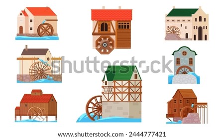 Old watermills set. Vintage stone and wooden houses with wheel to grind flour using kinetic energy of river stream, traditional countryside water mills for rural landscape cartoon vector illustration