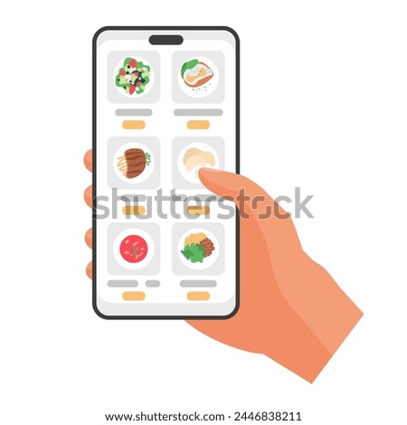 Hand holding smartphone with restaurant menu in mobile app on screen vector illustration