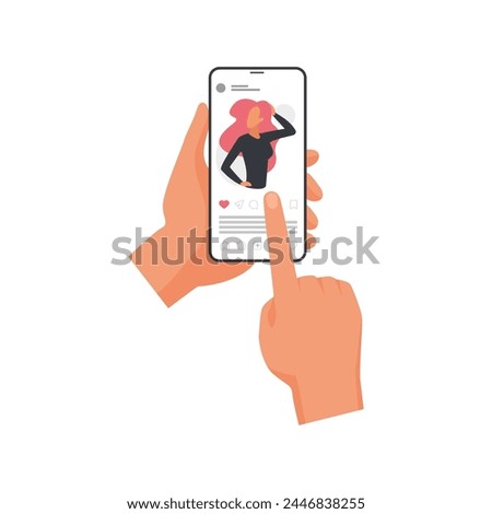 Hands hold mobile phone with photo of girl on screen, social media app in smartphone vector illustration