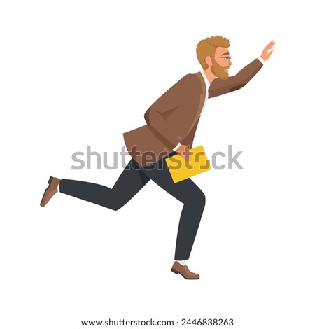 Man holding folder with documents and running, teacher or office worker waving hand vector illustration