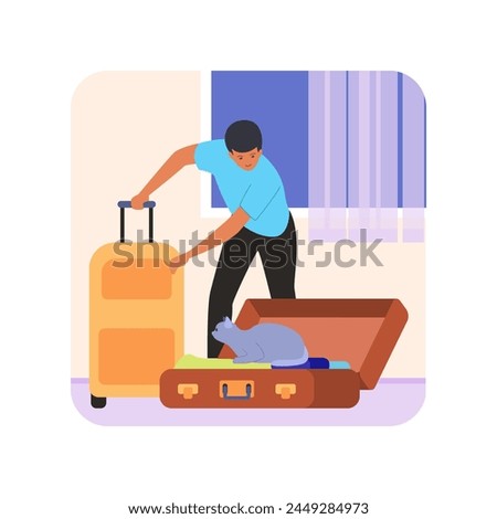 Man packing things for trip, cat playing and sitting inside suitcase vector illustration