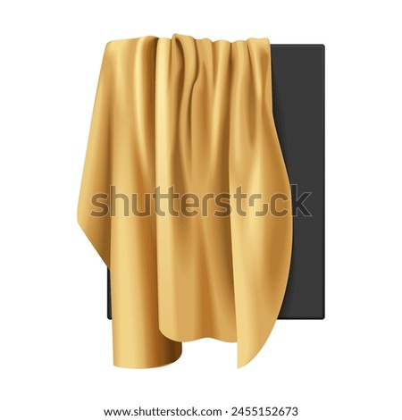 Gold silk fabric with pleats hanging from black box to hide 3D realistic presentation vector illustration