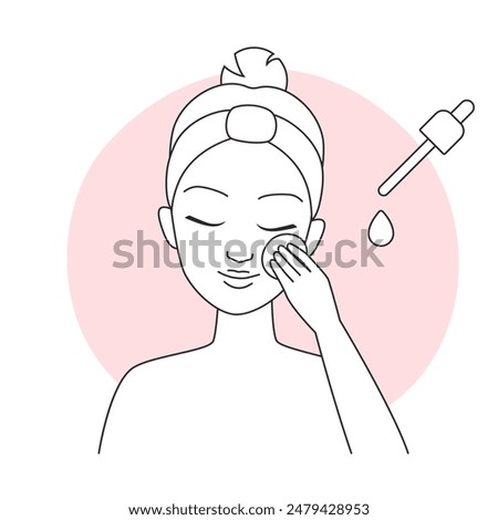 Girl taking care of face skin with serum, makeup removing routine line icon vector illustration