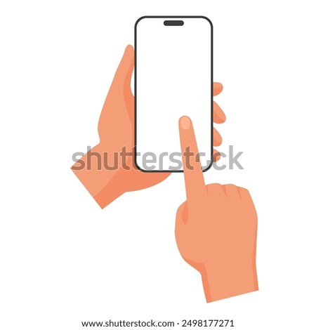 3D human hands holding smartphone to touch blank white screen with index finger vector illustration