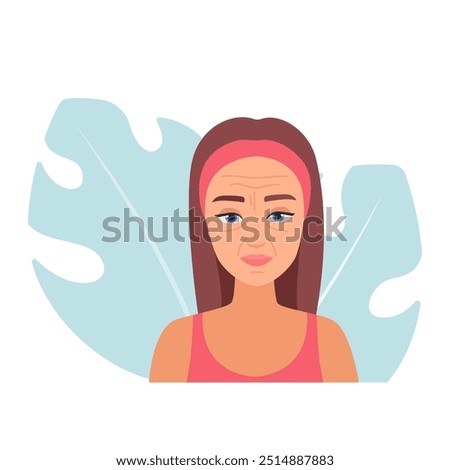 Illustration of a woman with dark circles under her eyes. Skincare issue vector concept.