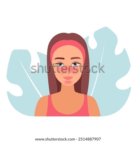 Illustration of a woman with rosacea and redness. Skincare issue vector concept.