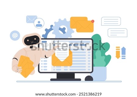 Mailbox message management automation and antispam filter with AI service. Cute robot holding envelopes with email letters to receive and send digital correspondence cartoon vector illustration