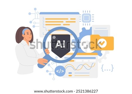 Artificial intelligence and neural networks control, search and coding check with AI. Tiny woman looking through magnifying glass at code, learning and testing program bugs cartoon vector illustration