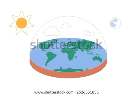 Fake conspiracy theory of flat planet Earth, hoax and misleading false ideas spread in social media and TV. Flat model of globe with world map, air dome, sun and moon cartoon vector illustration