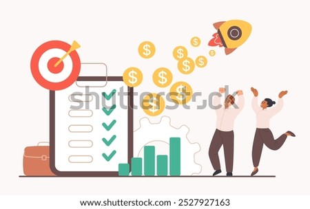 Business project done, team achievement finish and celebration by entrepreneurs. Tiny happy people complete startup together, checklist and flying rocket with money rain cartoon vector illustration