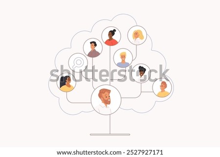 Corporate company structure and business team organization, hierarchy diagram on tree abstract template. Boss employer and employee profiles on organizational chart cartoon vector illustration