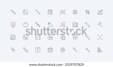 Artist and designer tool for art creation, craft hobby equipment line icon set. Stationery and materials to draw artistic picture, graphic design thin black and red outline symbols vector illustration