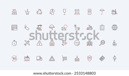 Logistics, freight delivery management, warehouse line icon set. Global shipping by ship and truck, air transportation, forklift and fragile cargo thin black and red outline symbol vector illustration