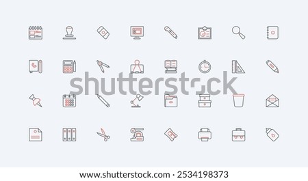 Office stationery and equipment, school supplies line icon set. Pin binders and paper clips, folder of documents and envelope, scissors, clipboard thin black and red outline symbol vector illustration