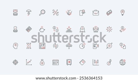 Business investment and growth, finance and credit, insurance of capital and assets line icon set. Stock market trading, mindset of businessman thin black and red outline symbols vector illustration