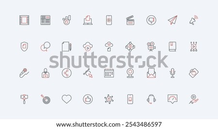 Production and advertising of digital content by author line icon set. Record video, article text and music, social media promotion campaign thin black and red outline symbols vector illustration