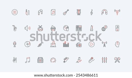 Audio, music and voice record and play back equipment, musical instruments line icon set. Sound wave and speakers, radio and headphone, microphone thin black and red outline symbol vector illustration