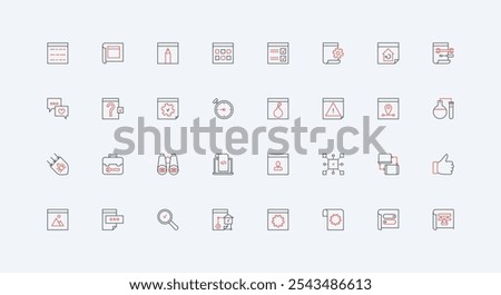 Web development, software coding, algorithms line icon set. Browser window with gear alert signs, programs to develop and rebuild webpage thin black and red outline symbols vector illustration