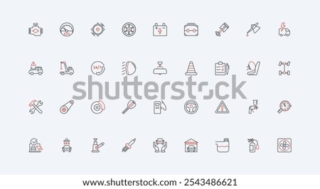 Auto shop and car service, vehicle parts and fuel, mechanic tool, gearbox line icon set. Check engine and battery, tow truck, brake and oil thin black and red outline symbols vector illustration