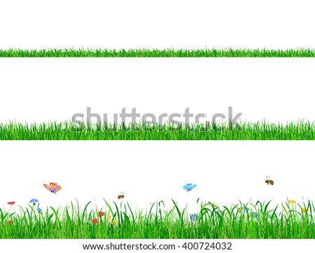 Green grass banner collection with flowers, butterflies and bees.
